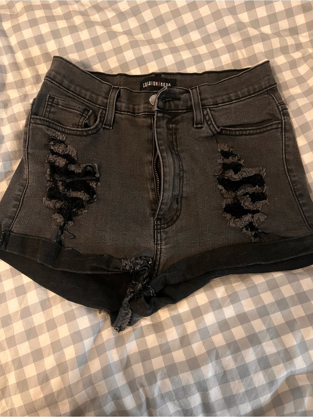 Fashion Nova Charcoal Black Distressed High-Rise Jean Shorts